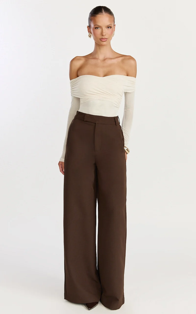 Opal Bodysuit - Long Sleeve Wrapped Off Shoulder Bodysuit in Cream