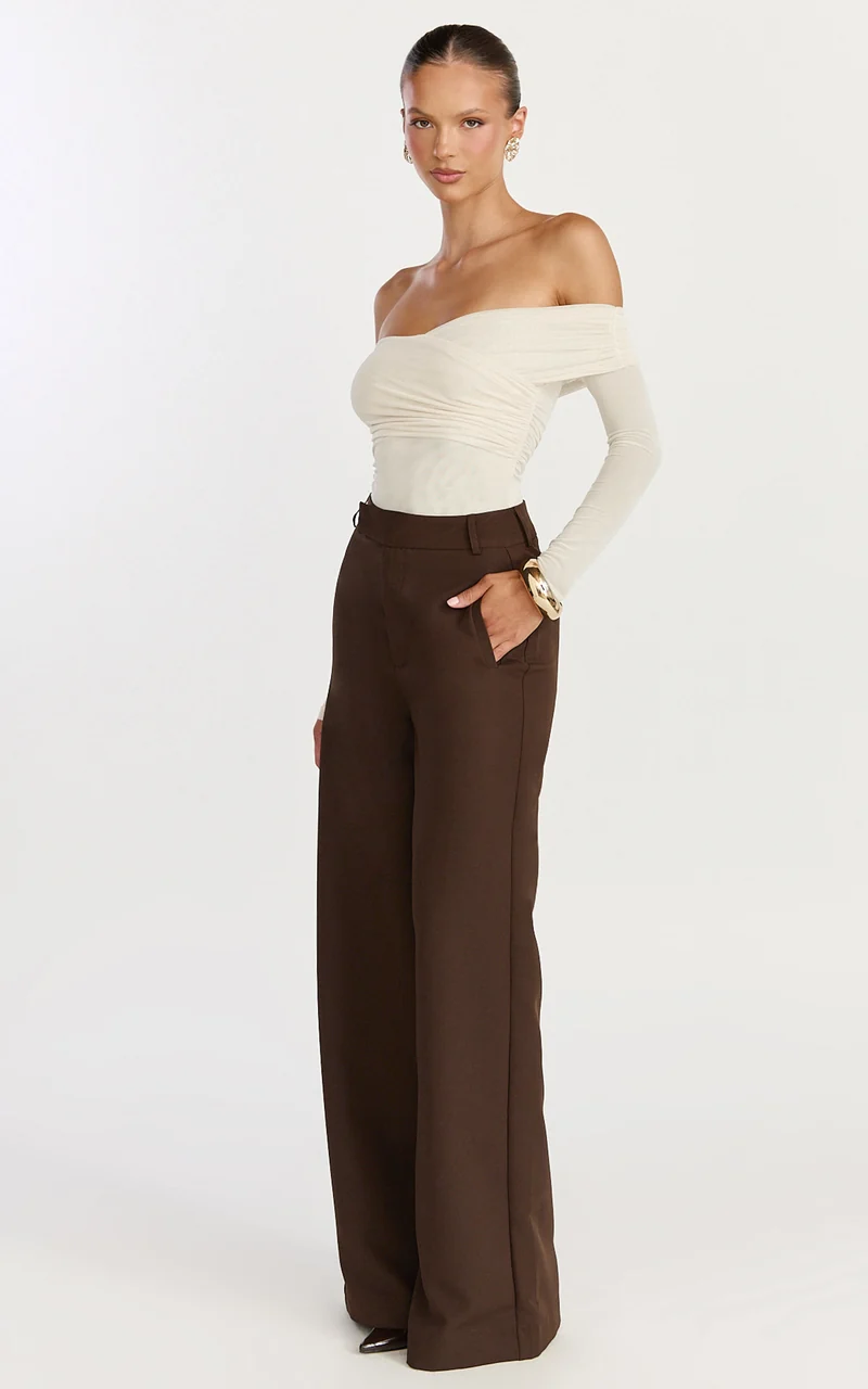 Opal Bodysuit - Long Sleeve Wrapped Off Shoulder Bodysuit in Cream