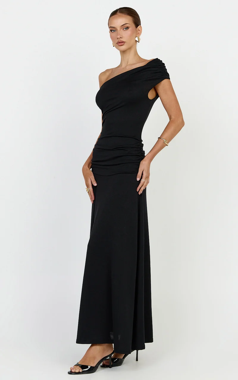 Ophelia Maxi Dress - Off Shoulder Ruched Fit And Flare Dress in Black