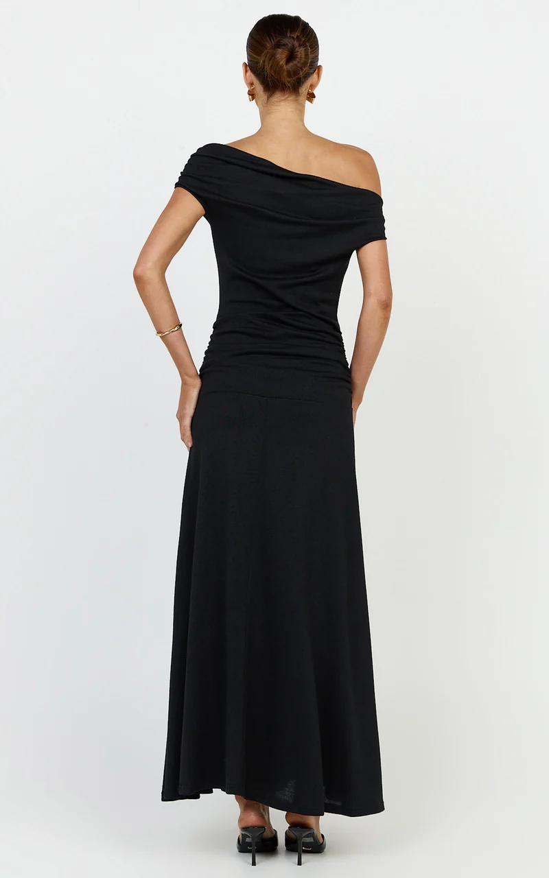 Ophelia Maxi Dress - Off Shoulder Ruched Fit And Flare Dress in Black