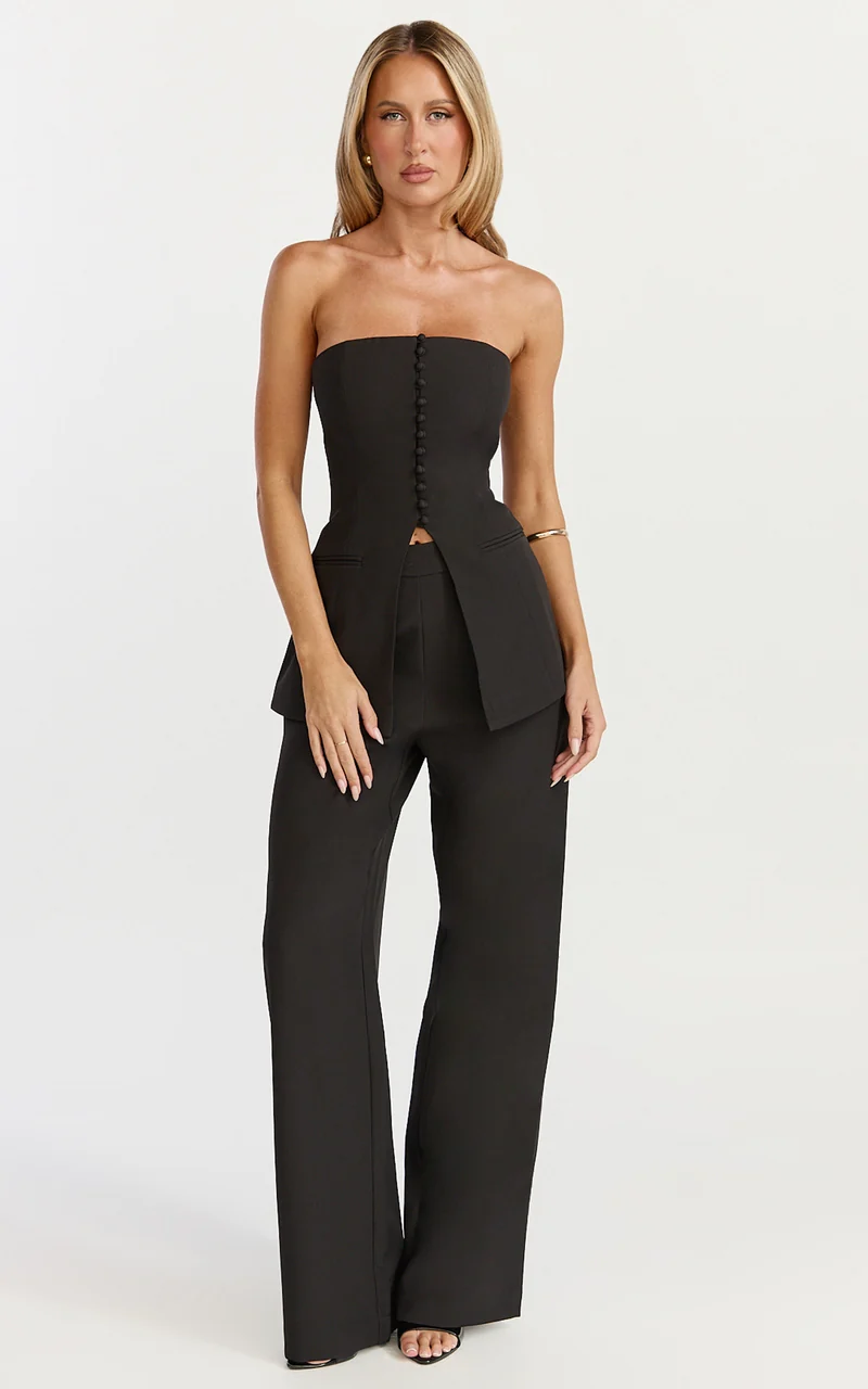 Amelia Two Piece Top and Pant Set - Strapless Button Down Top And Tailored Wide Leg Pants Set in Black