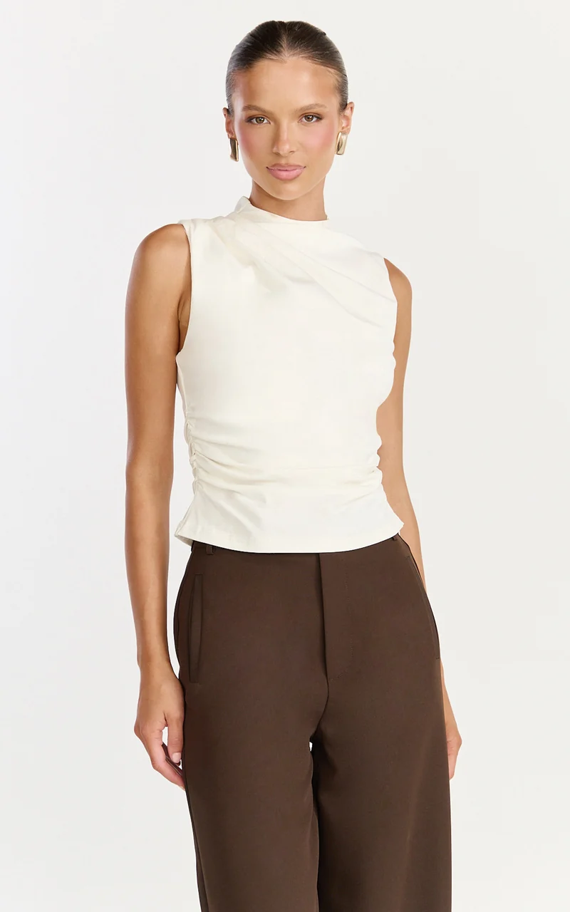 Gisandra Top - High Neck Gathered Sleeveless Top in Cream