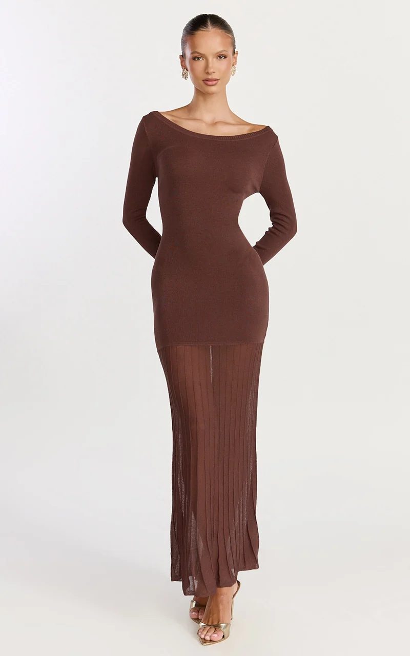 Delphine Maxi Dress - Long Sleeve Knit Sheer Pleated Skirt Maxi Dress in Chocolate