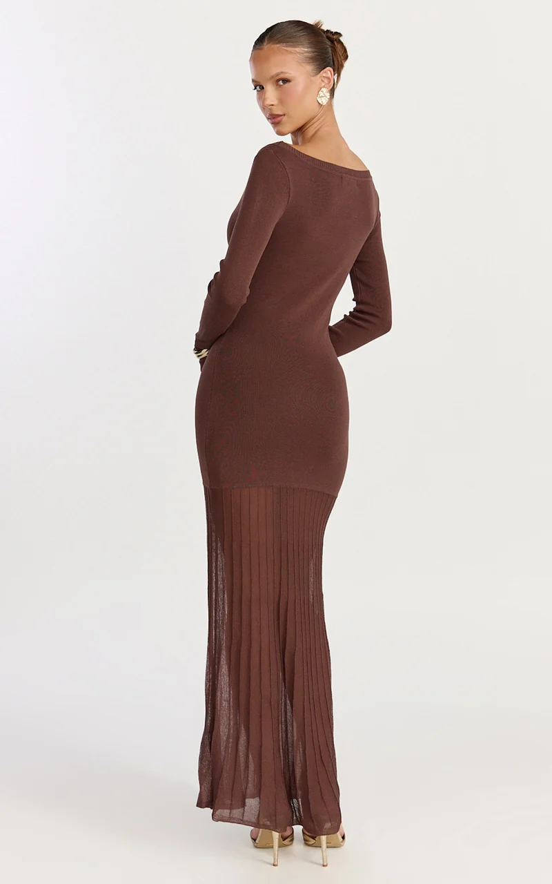 Delphine Maxi Dress - Long Sleeve Knit Sheer Pleated Skirt Maxi Dress in Chocolate