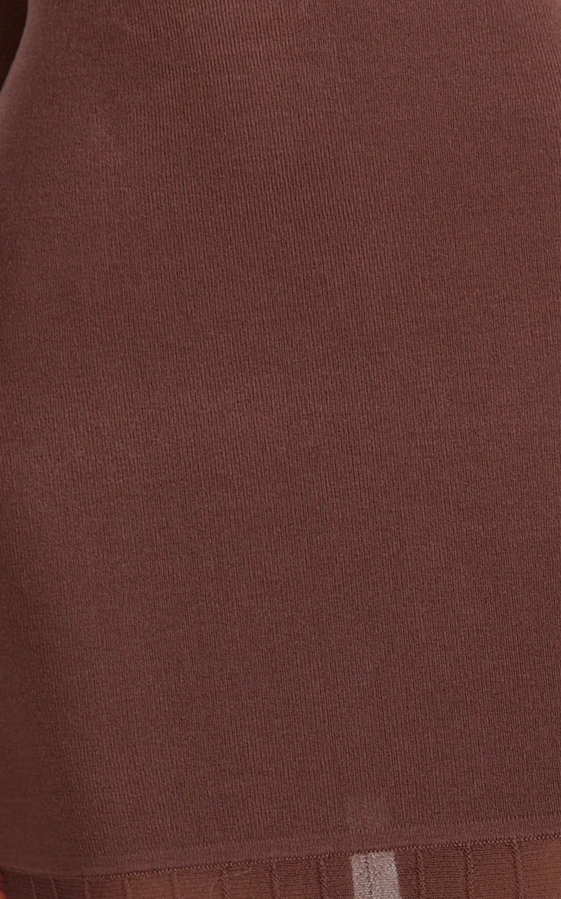 Delphine Maxi Dress - Long Sleeve Knit Sheer Pleated Skirt Maxi Dress in Chocolate