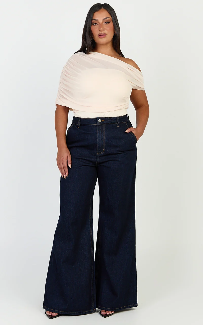Sophia Top - Draped One Shoulder Mesh Overlay Top in Cream