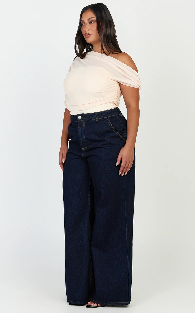 Sophia Top - Draped One Shoulder Mesh Overlay Top in Cream