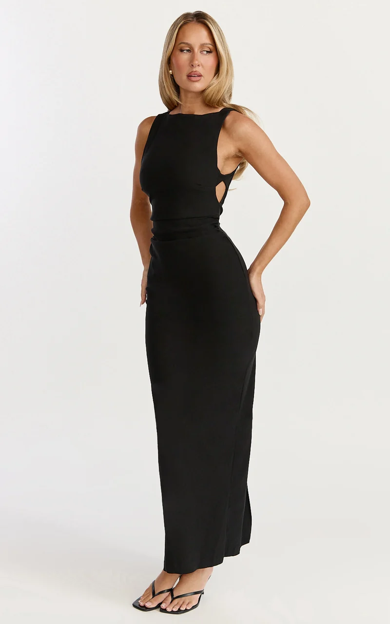 Liora Midi Dress - Boat Neck Side Twist Strap Midi Dress in Black