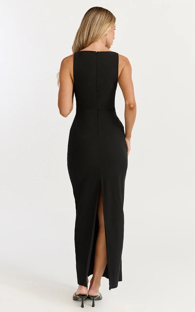 Liora Midi Dress - Boat Neck Side Twist Strap Midi Dress in Black