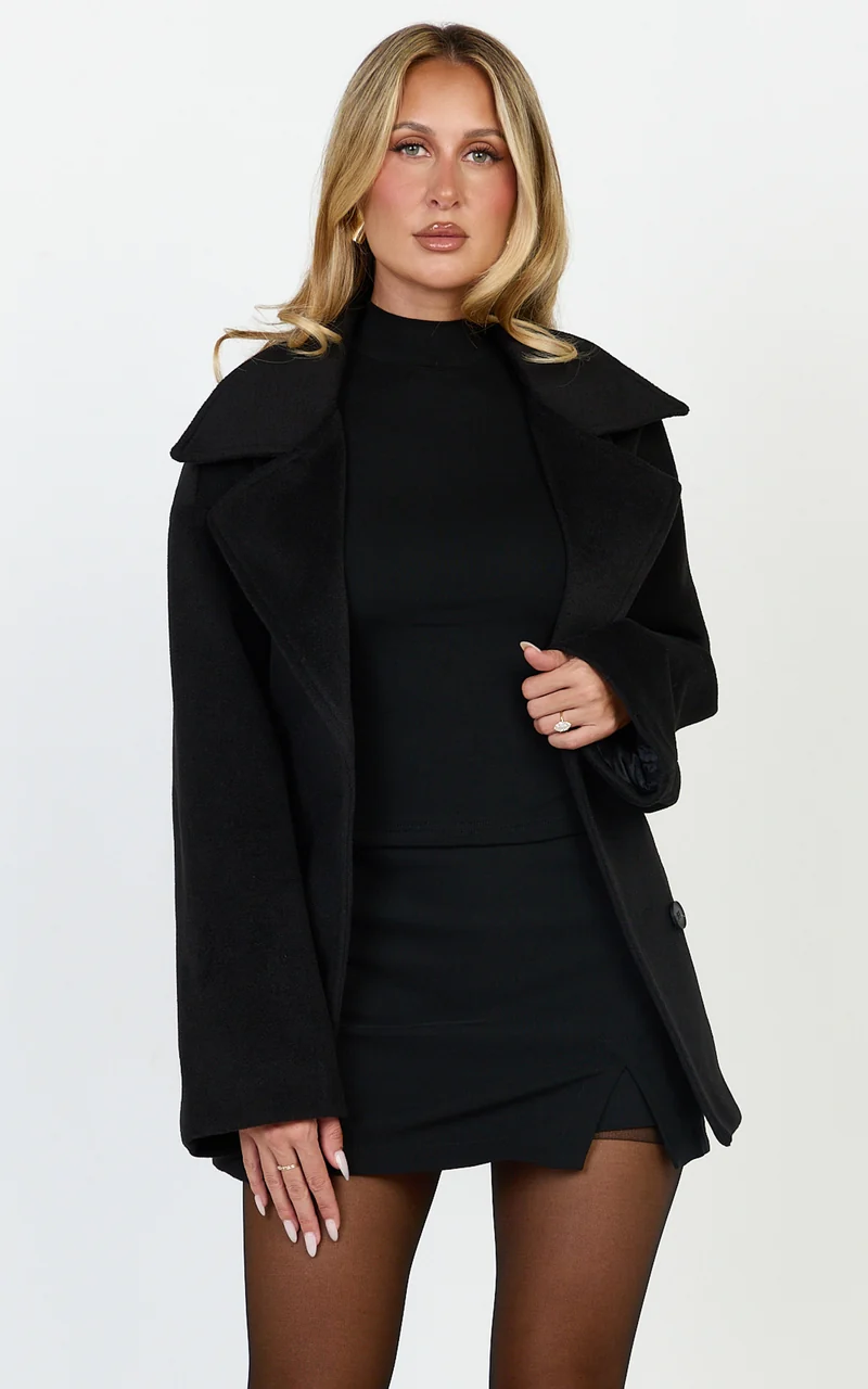 Dahlia Coat - Single Breasted Belted Short Wool Like Coat in Black