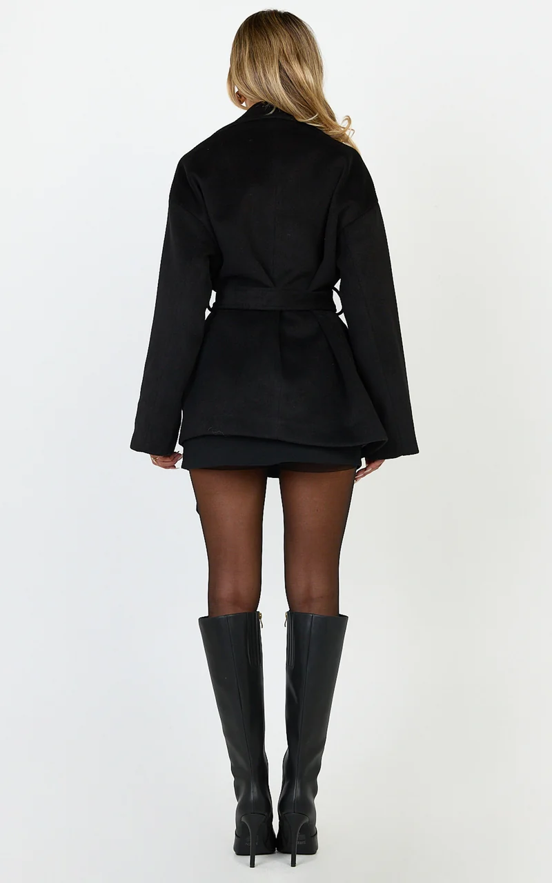 Dahlia Coat - Single Breasted Belted Short Wool Like Coat in Black