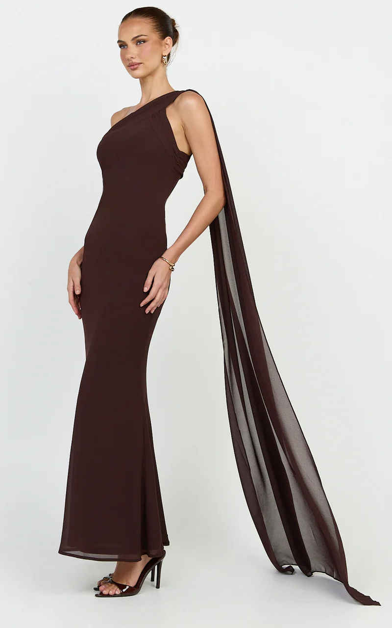Carmilla Maxi Dress - One Shoulder Scarf Dress in Chocolate