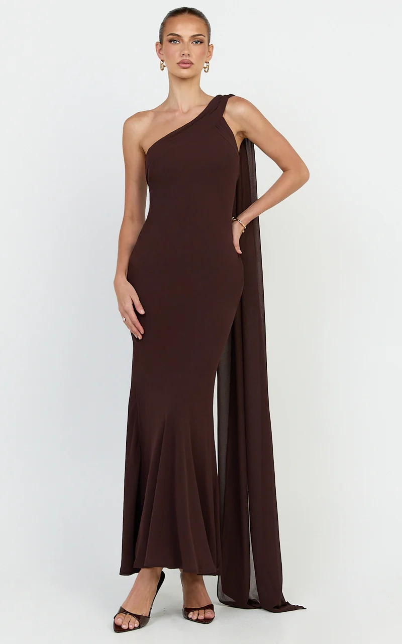 Carmilla Maxi Dress - One Shoulder Scarf Dress in Chocolate