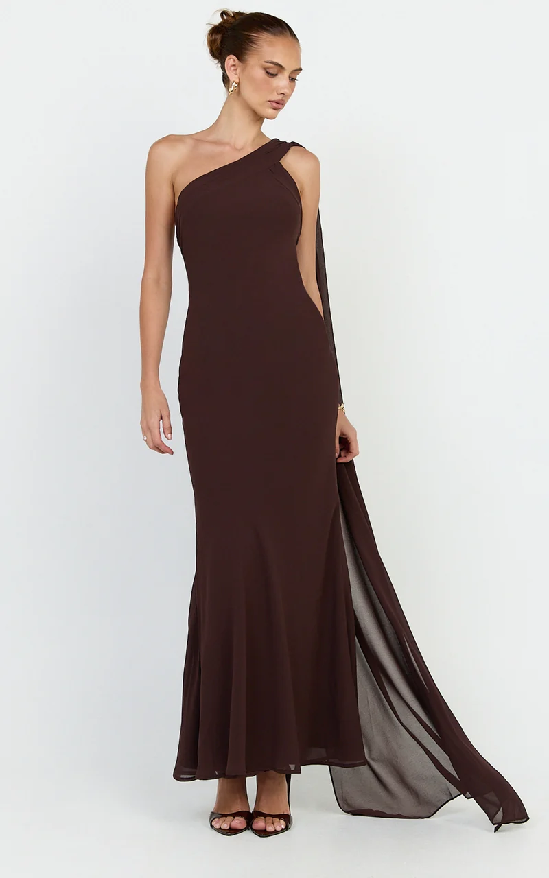 Carmilla Maxi Dress - One Shoulder Scarf Dress in Chocolate