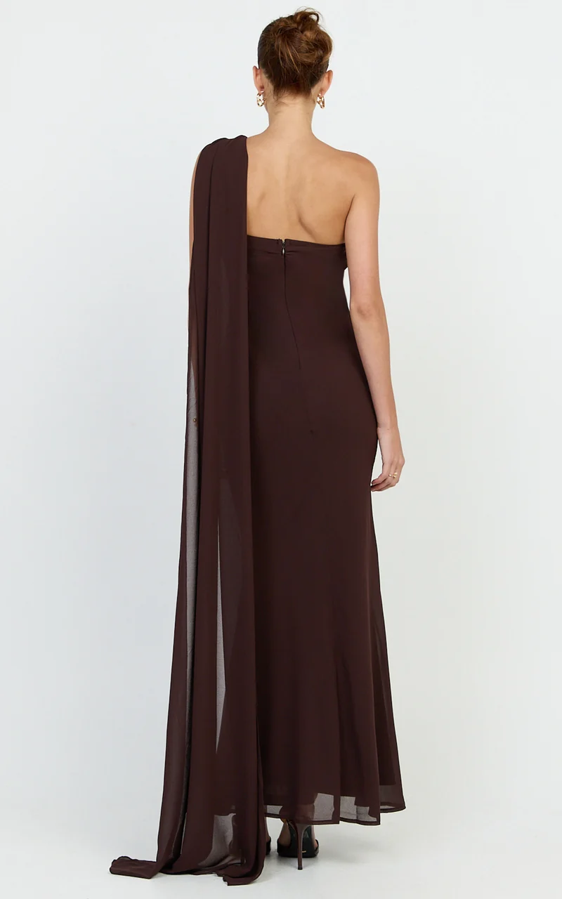 Carmilla Maxi Dress - One Shoulder Scarf Dress in Chocolate
