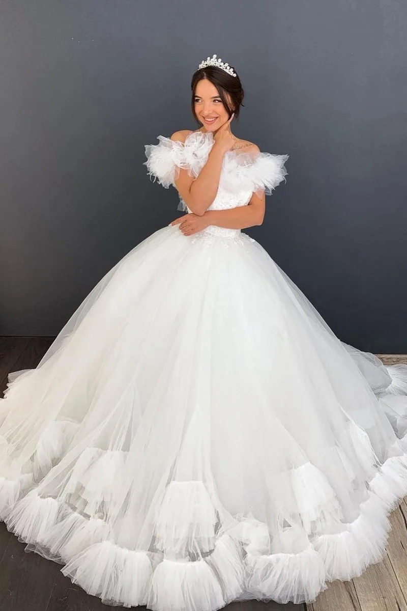 Robe de mariée élégante deux pièces en dentelle et tulle à manches courtes