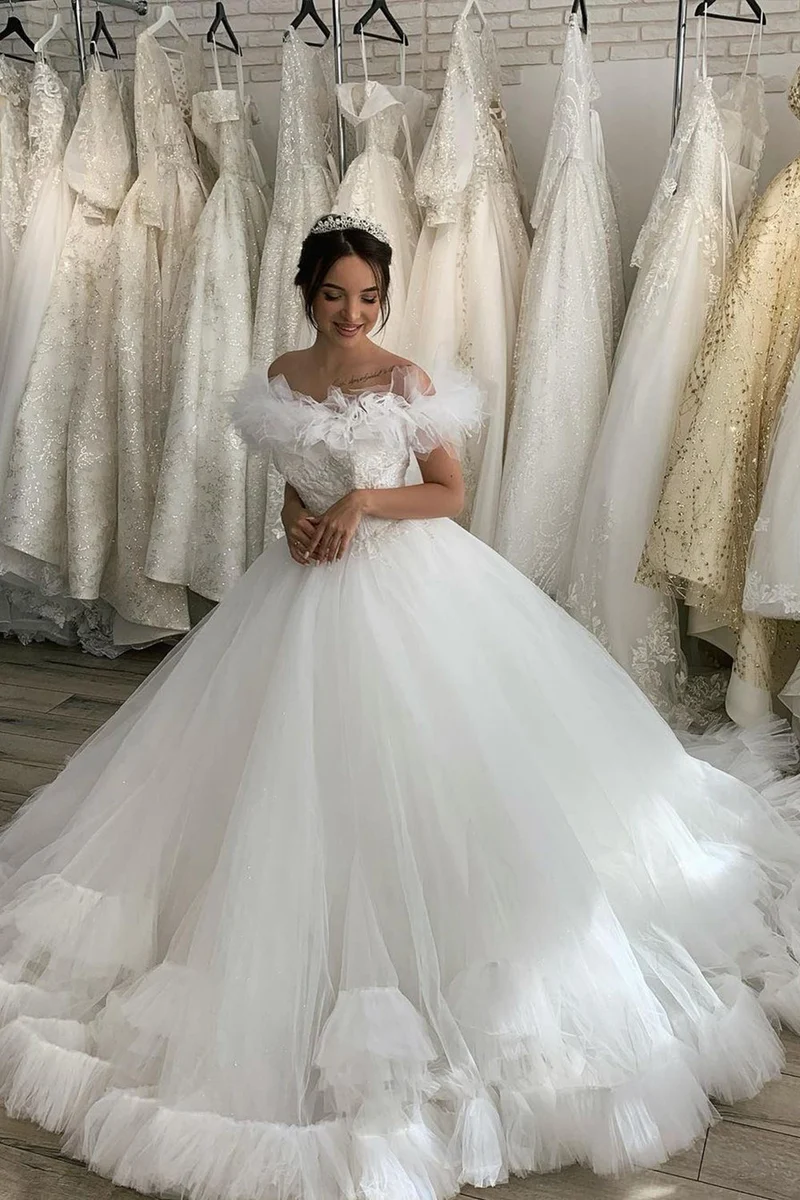 Robe de mariée élégante deux pièces en dentelle et tulle à manches courtes