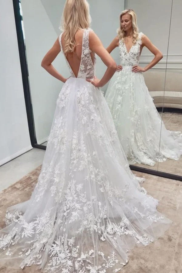Robe de mariée longue trapèze dos nu avec tulle et dentelle à col en V