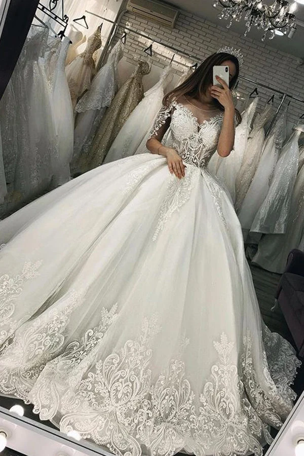 Robe de mariée en tulle transparent, style bal, avec appliques et manches courtes