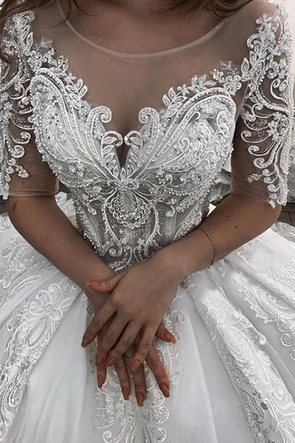 Robe de mariée en tulle transparent, style bal, avec appliques et manches courtes