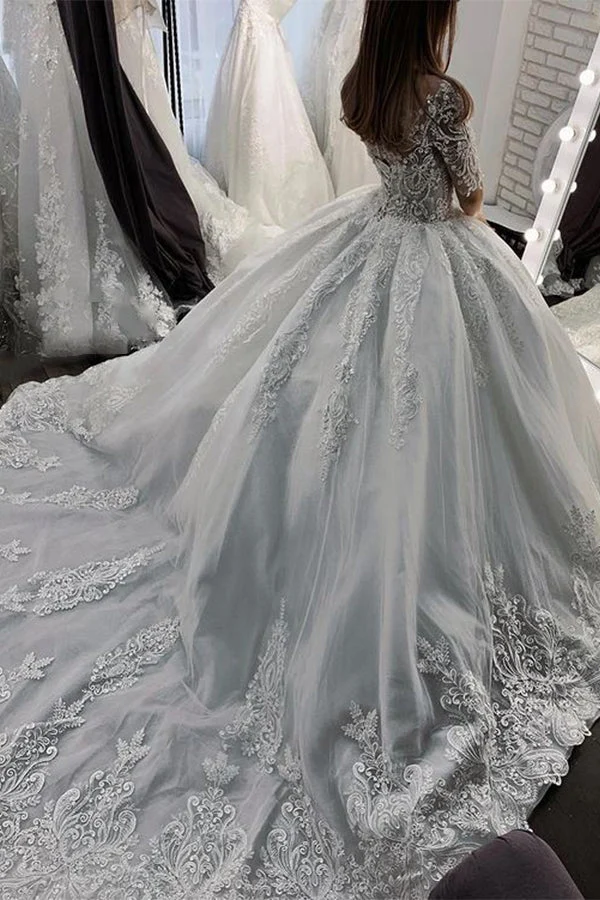 Robe de mariée en tulle transparent, style bal, avec appliques et manches courtes