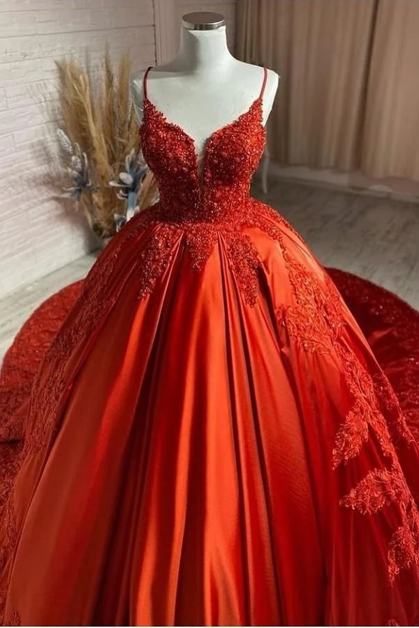 Robe de mariée élégante en satin sans manches, bretelles spaghetti, dos nu, avec appliques en dentelle