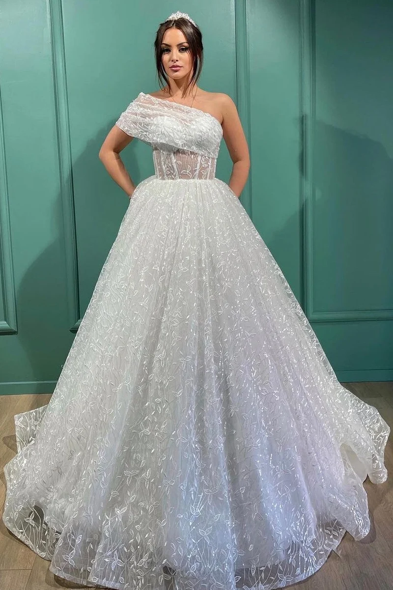 Robe de mariée élégante en tulle à une épaule | Robe de mariée princesse sans manches