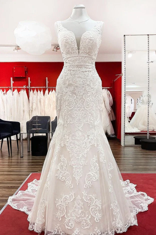 Robe de mariée sirène élégante sans manches, dos nu, en tulle et dentelle, pour une mariée élégante