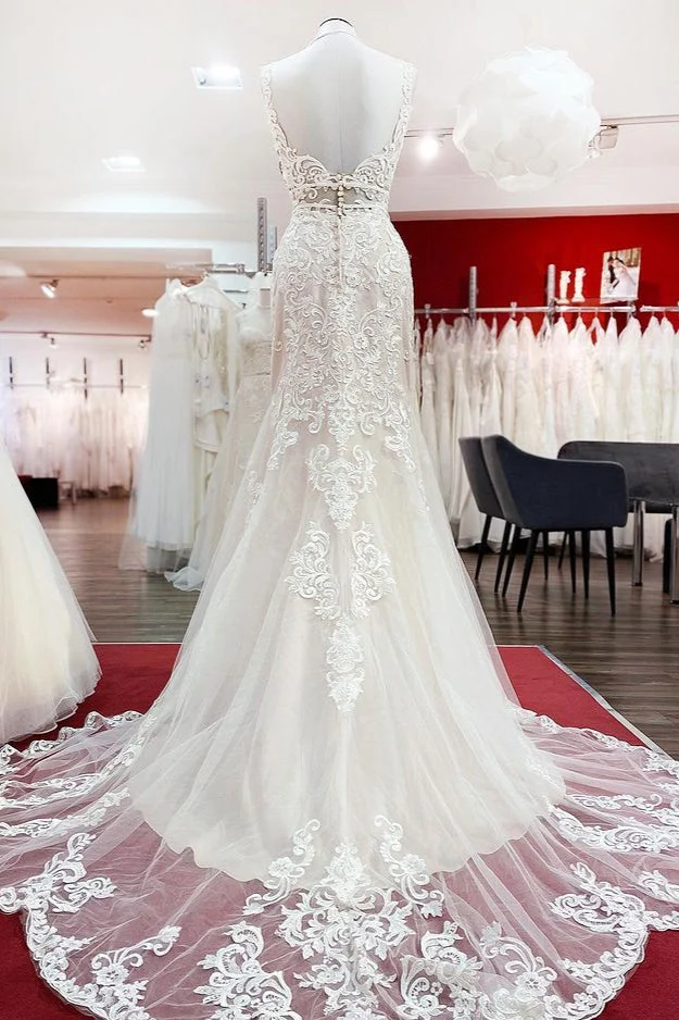 Robe de mariée sirène élégante sans manches, dos nu, en tulle et dentelle, pour une mariée élégante