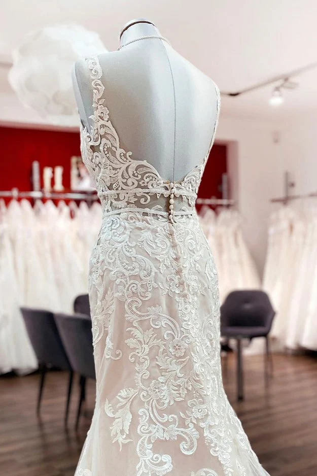 Robe de mariée sirène élégante sans manches, dos nu, en tulle et dentelle, pour une mariée élégante