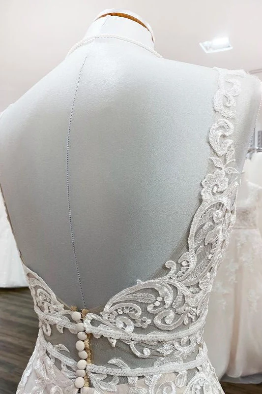 Robe de mariée sirène élégante sans manches, dos nu, en tulle et dentelle, pour une mariée élégante