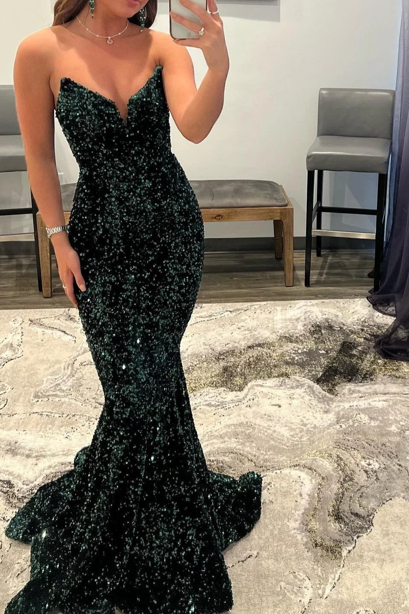 Superbe robe de bal sirène vert foncé à paillettes et col en V pour des soirées élégantes