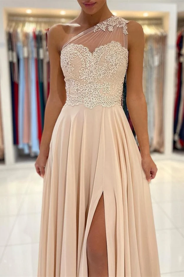 Robe de bal élégante à une épaule avec dentelle appliquée et fente pour les occasions spéciales