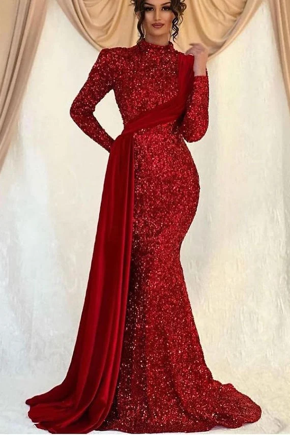 Robe de bal sirène à col haut et manches longues avec volants chics
