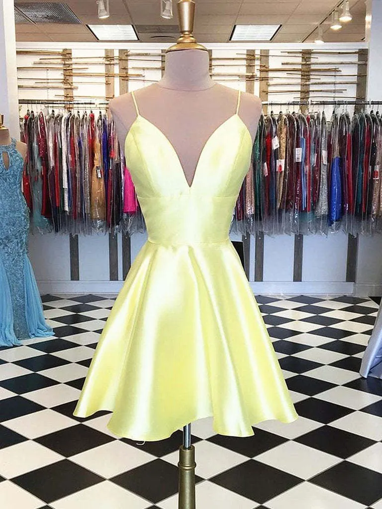 Robe de soirée courte jaune élégante à col en V et coupe trapèze pour bal de fin d'année
