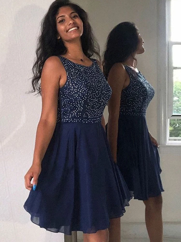 Jolie robe de bal courte bleu marine à perles, coupe trapèze, pour le bal de fin d'année