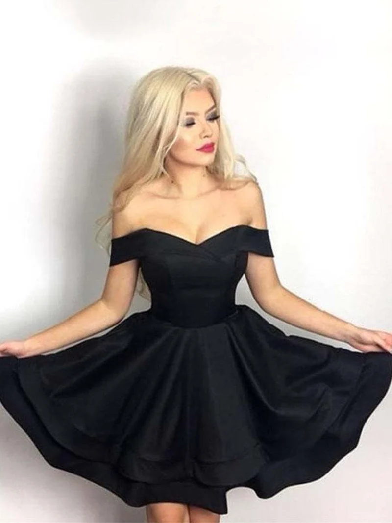 Jolie robe de bal courte noire en satin à épaules dénudées