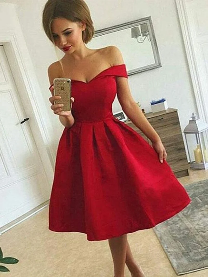 Charmante robe de bal courte en satin rouge à épaules dénudées, tenue de soirée de remise de diplôme