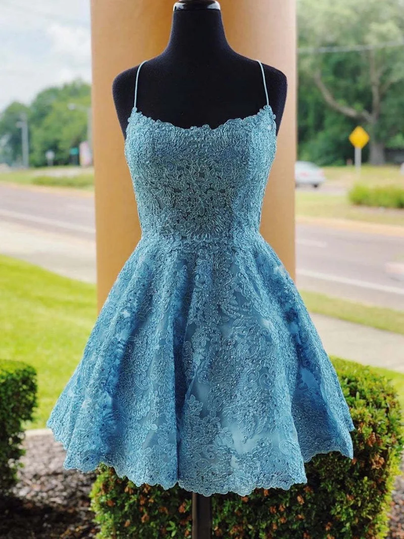 Robe de soirée courte bleue en dentelle, coupe trapèze, dos nu, pour bal de fin d'année, remise de diplôme