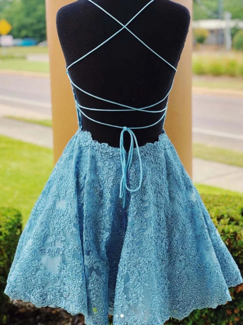 Robe de soirée courte bleue en dentelle, coupe trapèze, dos nu, pour bal de fin d'année, remise de diplôme