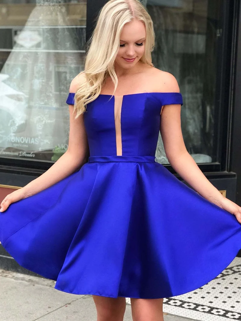 Robe de bal courte bleu roi à épaules dénudées, robe de remise de diplôme