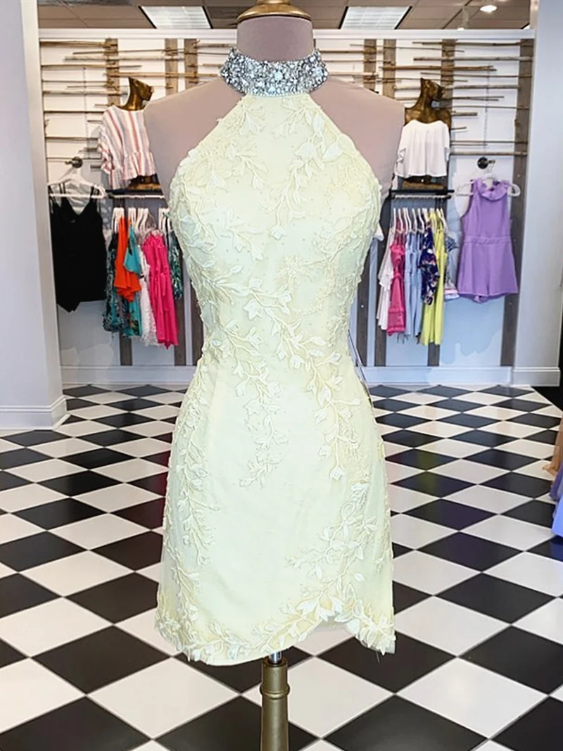 Robe de bal courte dos nu en dentelle jaune – Robe de soirée de retour à la maison