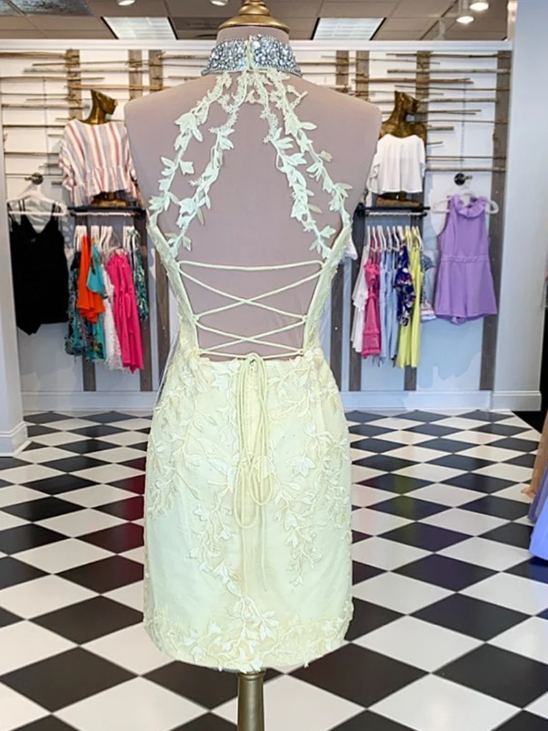 Robe de bal courte dos nu en dentelle jaune – Robe de soirée de retour à la maison