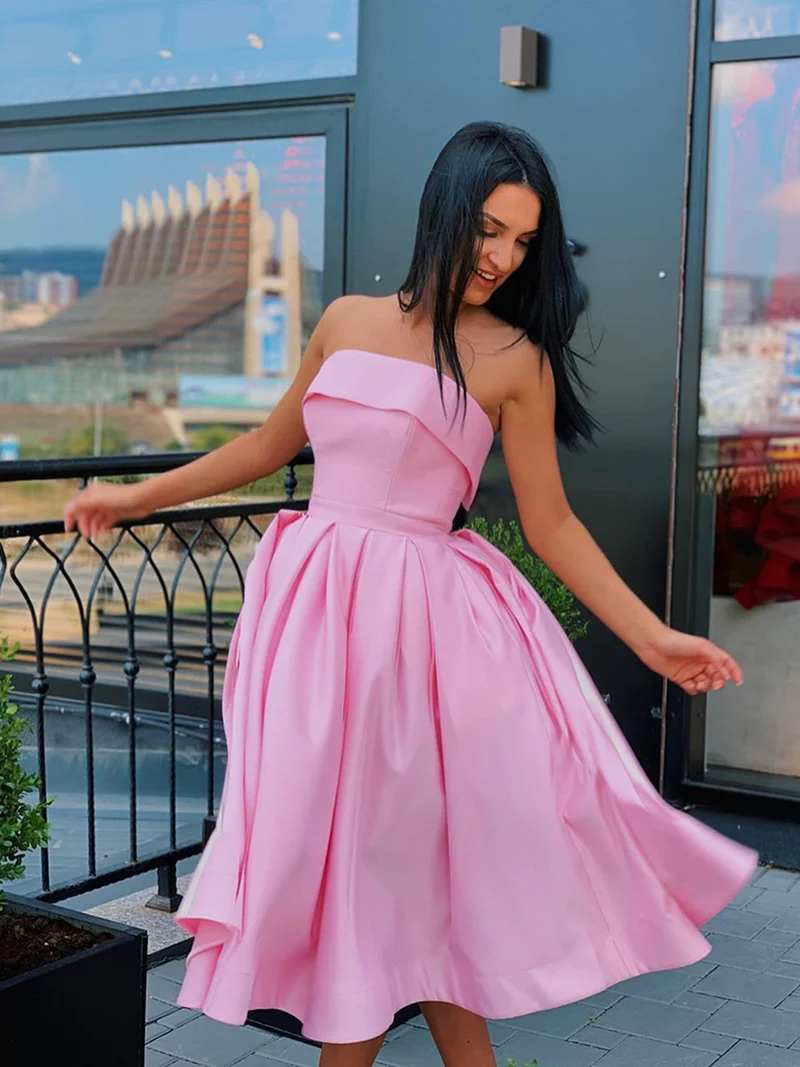 Robe de bal courte rose jaune sans bretelles, coupe trapèze : robe de soirée formelle sans bretelles pour remise de diplômes