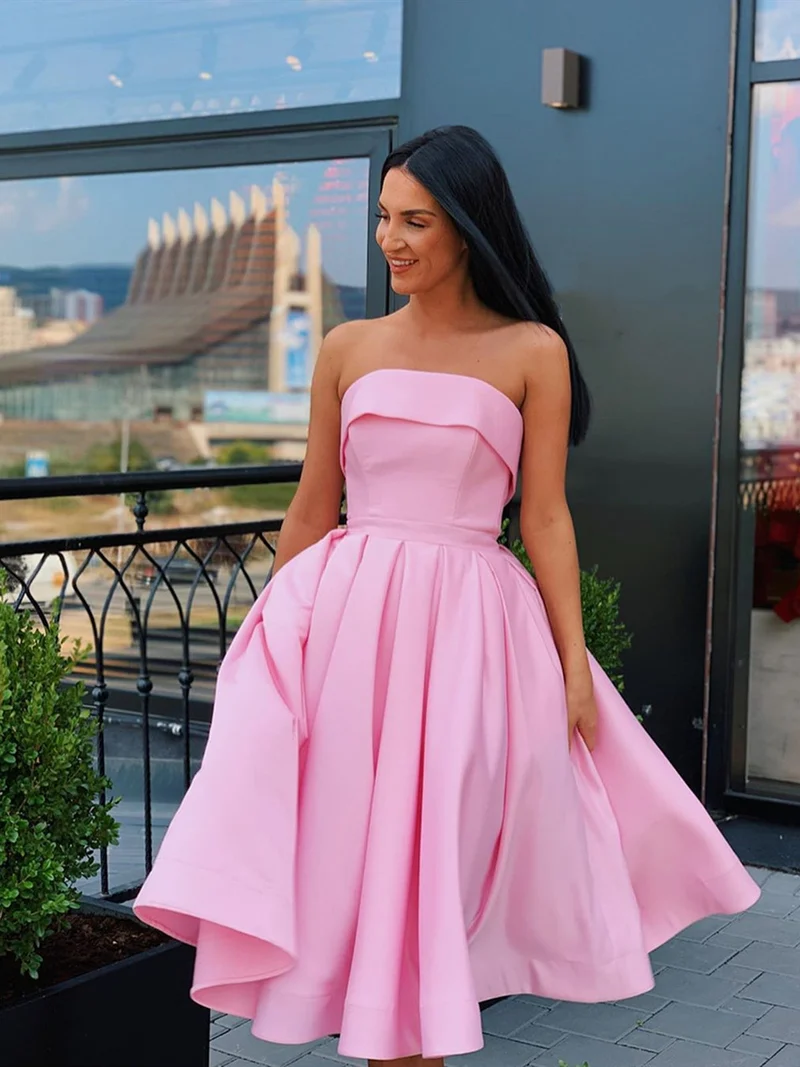 Robe de bal courte rose jaune sans bretelles, coupe trapèze : robe de soirée formelle sans bretelles pour remise de diplômes