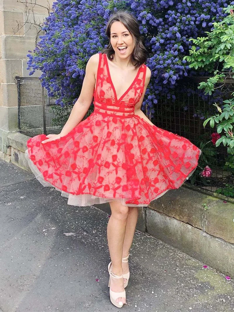 Robe de bal courte à fleurs et col en V, en dentelle rouge, unique