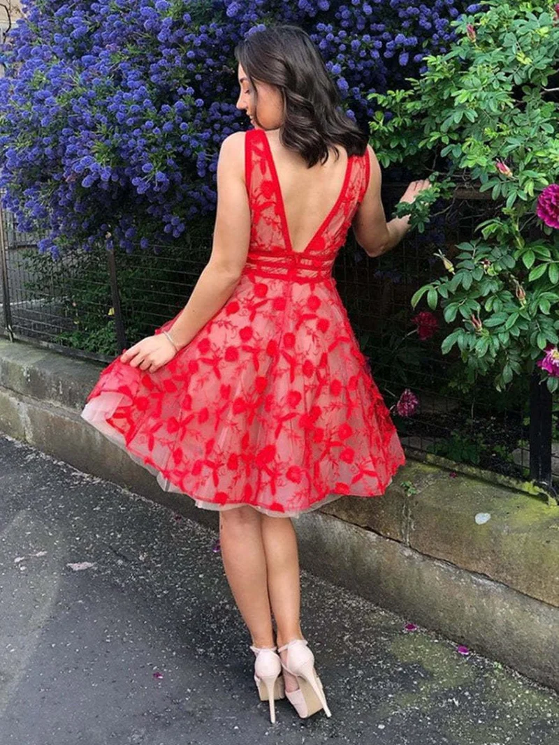 Robe de bal courte à fleurs et col en V, en dentelle rouge, unique