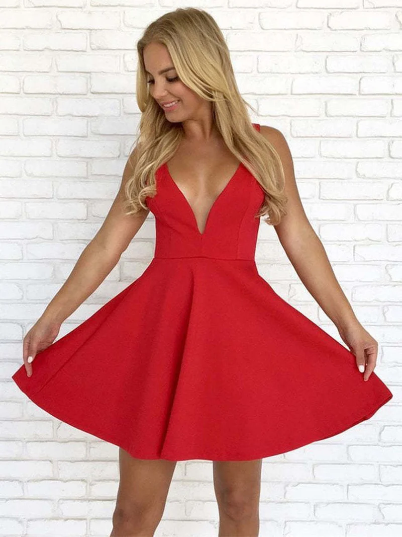 Robe de bal courte dos nu chic à col en V : remise de diplôme blanche et rouge