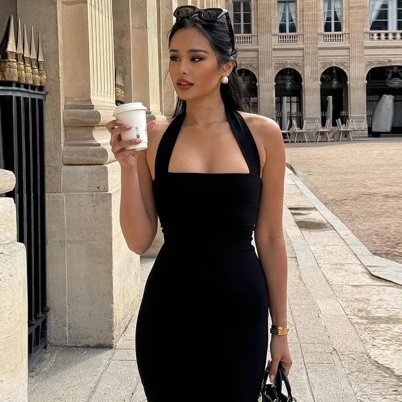 Robe de soirée chic noire midi dos nu