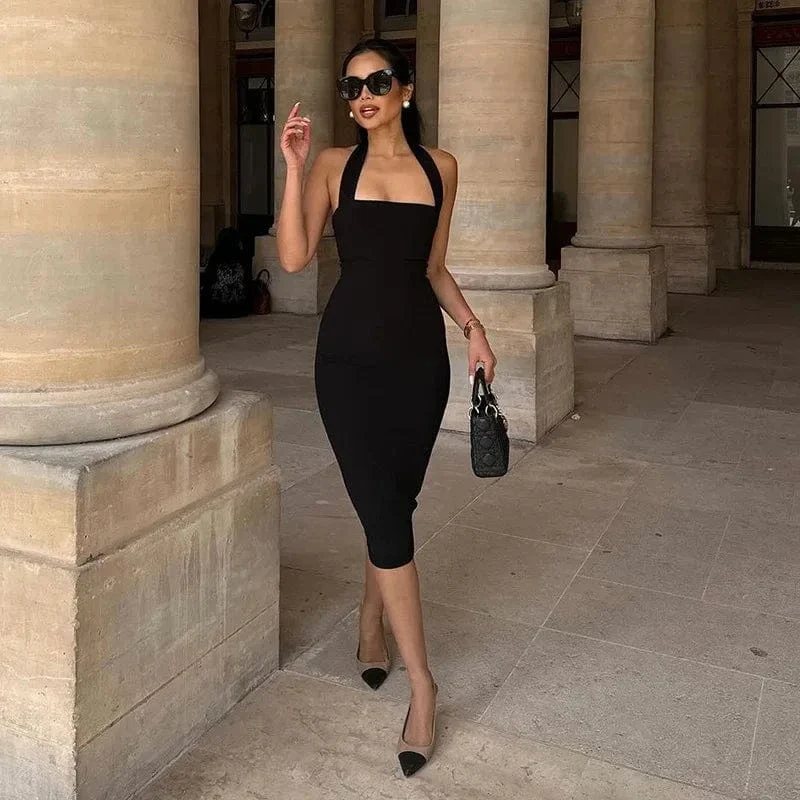 Robe de soirée chic noire midi dos nu